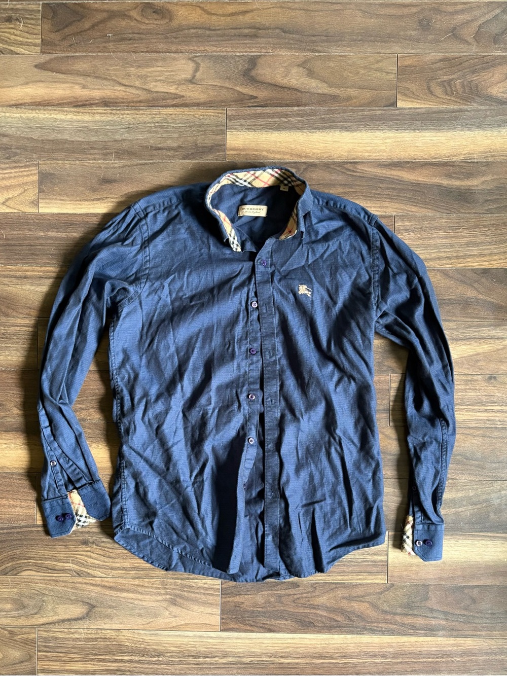 Burberry Navy Long-Sleeve Button-Down Shirt with Plaid Trim